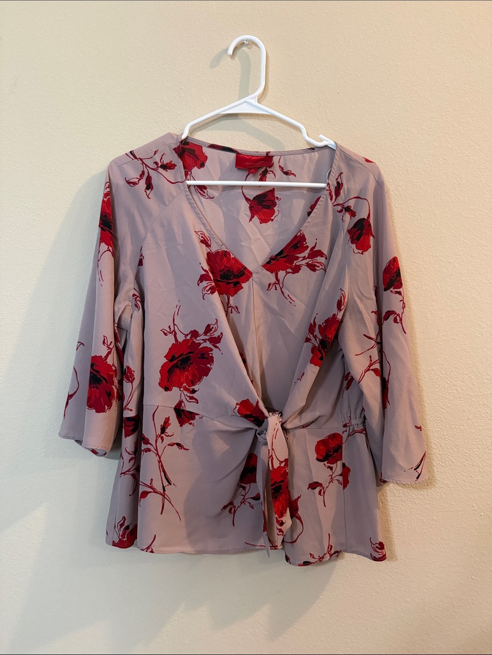 Jennifer Lopez Dusty Mauve Wrap Blouse with Red Floral Print